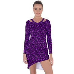 Small Bright Dayglo Purple Halloween Motifs Skulls, Spells & Cats On Spooky Black Asymmetric Cut-out Shift Dress by PodArtist