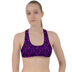 Small Bright Dayglo Purple Halloween Motifs Skulls, Spells & Cats On Spooky Black Criss Cross Racerback Sports Bra by PodArtist