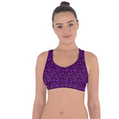 Small Bright Dayglo Purple Halloween Motifs Skulls, Spells & Cats On Spooky Black Cross String Back Sports Bra by PodArtist