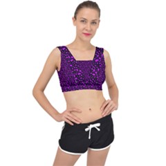 Small Bright Dayglo Purple Halloween Motifs Skulls, Spells & Cats On Spooky Black V-back Sports Bra by PodArtist