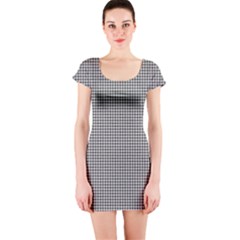 Soot Black And White Handpainted Houndstooth Check Watercolor Pattern Short Sleeve Bodycon Dress by PodArtist