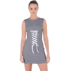 Soot Black And White Handpainted Houndstooth Check Watercolor Pattern Lace Up Front Bodycon Dress by PodArtist