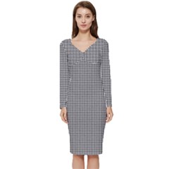 Soot Black And White Handpainted Houndstooth Check Watercolor Pattern Long Sleeve V-neck Bodycon Dress  by PodArtist