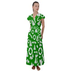 Green  Background Card Christmas  Flutter Sleeve Maxi Dress by artworkshop