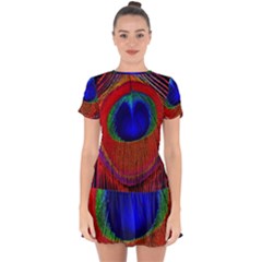 Peacock Plumage Fearher Bird Pattern Drop Hem Mini Chiffon Dress by Sapixe