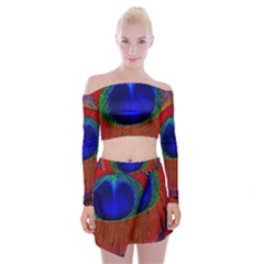 Peacock Plumage Fearher Bird Pattern Off Shoulder Top With Mini Skirt Set by Sapixe