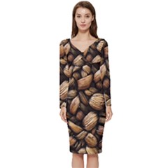Coffe Long Sleeve V-neck Bodycon Dress  by nateshop