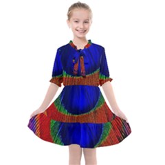 Red Peacock Plumage Fearher Bird Pattern Kids  All Frills Chiffon Dress by Wegoenart