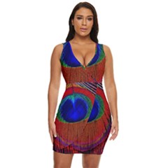 Red Peacock Plumage Fearher Bird Pattern Draped Bodycon Dress by Wegoenart