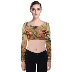 Flower Cubism Mosaic Vintage Velvet Long Sleeve Crop Top by Jancukart