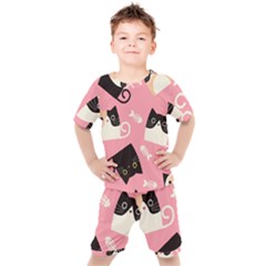 Cat Pattern Backgroundpet Kids  Tee And Shorts Set by Amaryn4rt