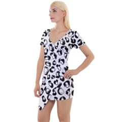 Black And White Leopard Print Jaguar Dots Short Sleeve Asymmetric Mini Dress by ConteMonfrey