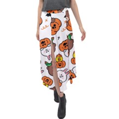 Illustration Pumpkin Bear Bat Bunny Chicken Velour Split Maxi Skirt by Sudhe