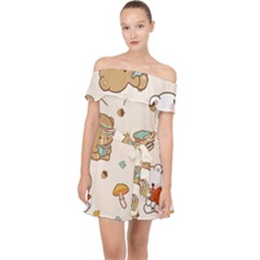 Illustration Bear Cartoon Background Pattern Off Shoulder Chiffon Dress by Sudhe