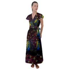 Beautiful Peacock Feather Flutter Sleeve Maxi Dress by Jancukart