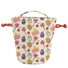 Food Illustration Cupcake Pattern Lollipop Drawstring Bucket Bag by Amaryn4rt