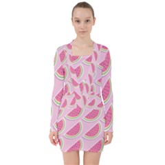 Pink Melon Wayermelon Pattern Food Fruit Melon V-neck Bodycon Long Sleeve Dress by Ravend