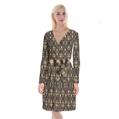 Vintage Batik Art Architecture Pattern Long Sleeve Velvet Front Wrap Dress by Ravend