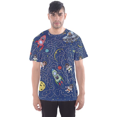 Illustration Cat Space Astronaut Rocket Maze Men s Sport Mesh Tee by Ravend