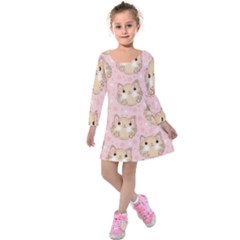 Cat Pattern Pink Background Kids  Long Sleeve Velvet Dress by danenraven