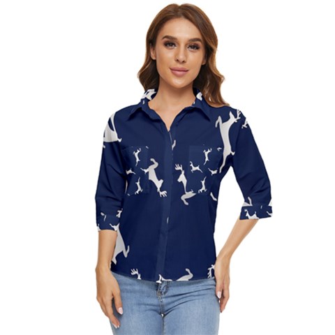 Silver Reindeer Blue Women s Quarter Sleeve Pocket Shirt by TetiBright