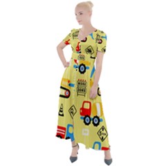 Seamless Pattern Vector Industrial Vehicle Cartoon Button Up Short Sleeve Maxi Dress by Jancukart