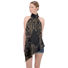 Circuit-board Halter Asymmetric Satin Top by nateshop