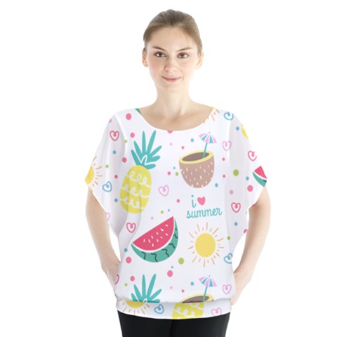 Pineapple And Watermelon Summer Fruit Batwing Chiffon Blouse by Jancukart