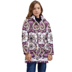 Multicolored Pattern Illustration Purple Peacock Kid s Hooded Longline Puffer Jacket by Jancukart