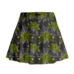 Halloween - Green Roses On Spider Web  Mini Flare Skirt by ConteMonfrey