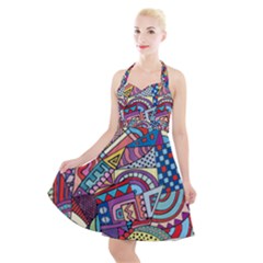 Abstract Art Color Geometry Pattern Halter Party Swing Dress  by danenraven