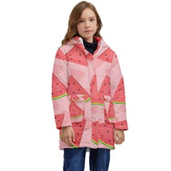 Background Watermelon Pattern Fruit Kid s Hooded Longline Puffer Jacket by Wegoenart