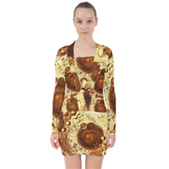 Olive Oil Bubbles Gold Oil Food V-neck Bodycon Long Sleeve Dress by Wegoenart