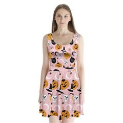 Pumpkin Cat Pattern Skull Split Back Mini Dress  by Wegoenart