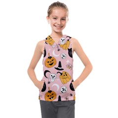 Pumpkin Cat Pattern Skull Kids  Sleeveless Hoodie by Wegoenart