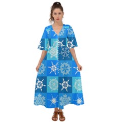 Xmas Christmas Pattern Snow Background Blue Decoration Kimono Sleeve Boho Dress by danenraven