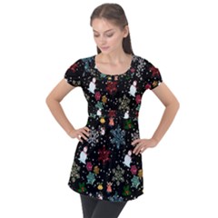 Christmas Thanksgiving Pattern Puff Sleeve Tunic Top by Ravend