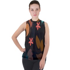 Flower Leaves Background Floral Mock Neck Chiffon Sleeveless Top by Ravend