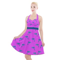 Pink And Blue, Cute Dolphins Pattern, Animals Theme Halter Party Swing Dress  by Casemiro