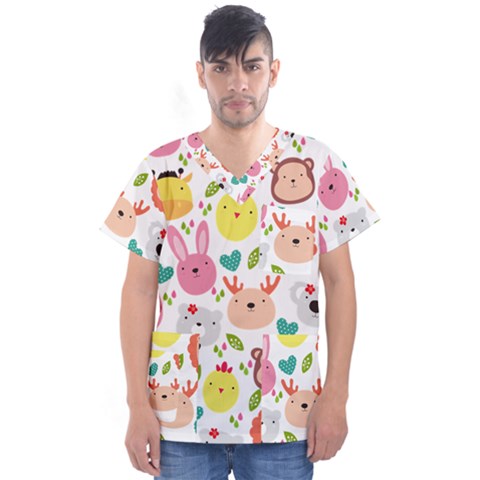 Cute Animals Cartoon Seamless Background Men s V-neck Scrub Top by danenraven