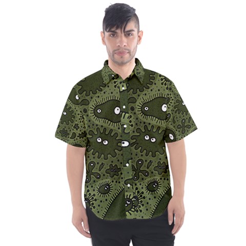 Green Bacteria Digital Wallpaper Eyes Look Biology Pattern Men s Short Sleeve Shirt by danenraven