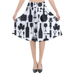 Wine Pattern Black White Flared Midi Skirt by Jancukart