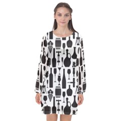 Wine Pattern Black White Long Sleeve Chiffon Shift Dress  by Jancukart