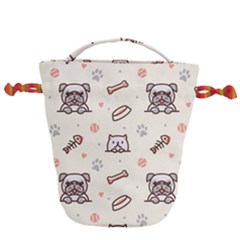 Pug-dog-cat-with-bone-fish-bones-paw-prints-ball-seamless-pattern-vector-background Drawstring Bucket Bag by Jancukart