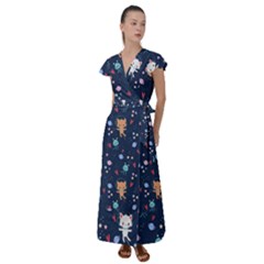 Cute-astronaut-cat-with-star-galaxy-elements-seamless-pattern Flutter Sleeve Maxi Dress by Jancukart