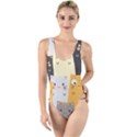 Seamless Pattern Cute Cat Cartoons High Leg Strappy Swimsuit View1