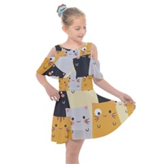 Seamless Pattern Cute Cat Cartoons Kids  Shoulder Cutout Chiffon Dress by Wegoenart