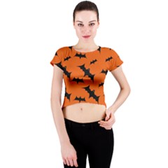 Halloween Card With Bats Flying Pattern Crew Neck Crop Top by Wegoenart