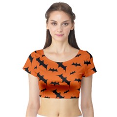 Halloween Card With Bats Flying Pattern Short Sleeve Crop Top by Wegoenart