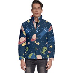 Seamless Pattern With Funny Alien Cat Galaxy Men s Puffer Bubble Jacket Coat by Wegoenart